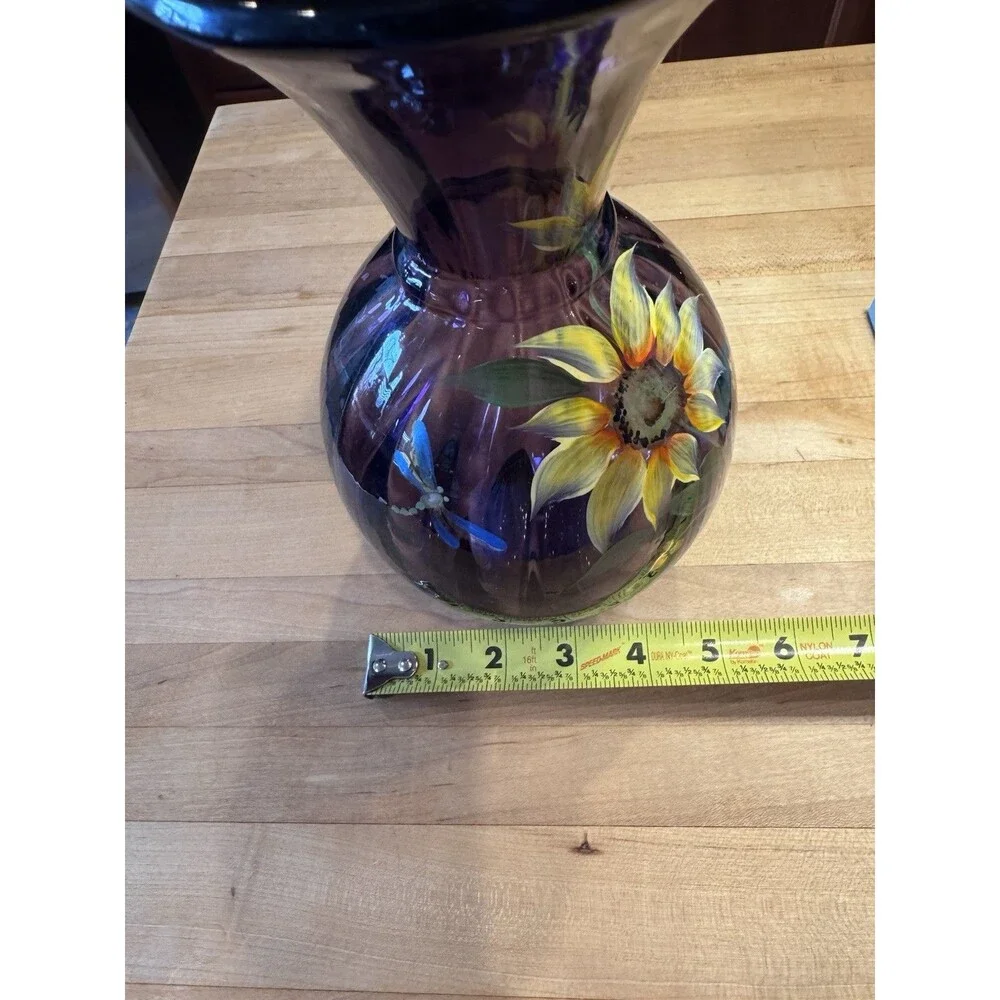 Fenton Amethyst Glass Vase Hand Painted Sunflower Dragonfly Signed D Cutshaw